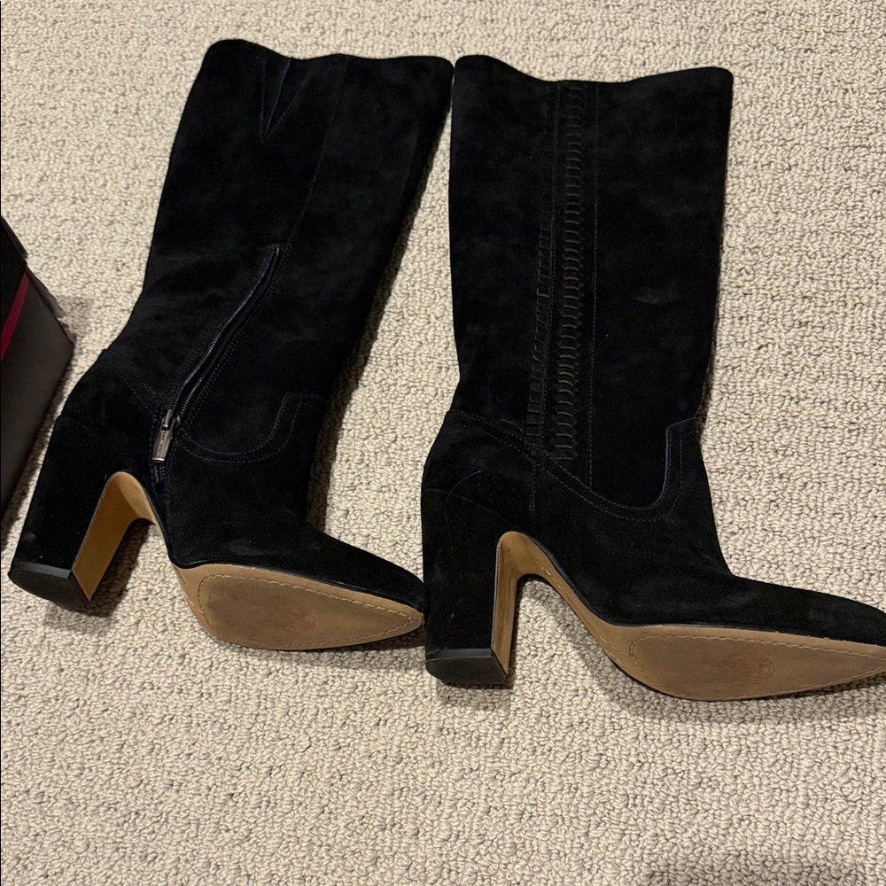 Vince Camuto Black Suede Mid-Calf Block Heel Boots